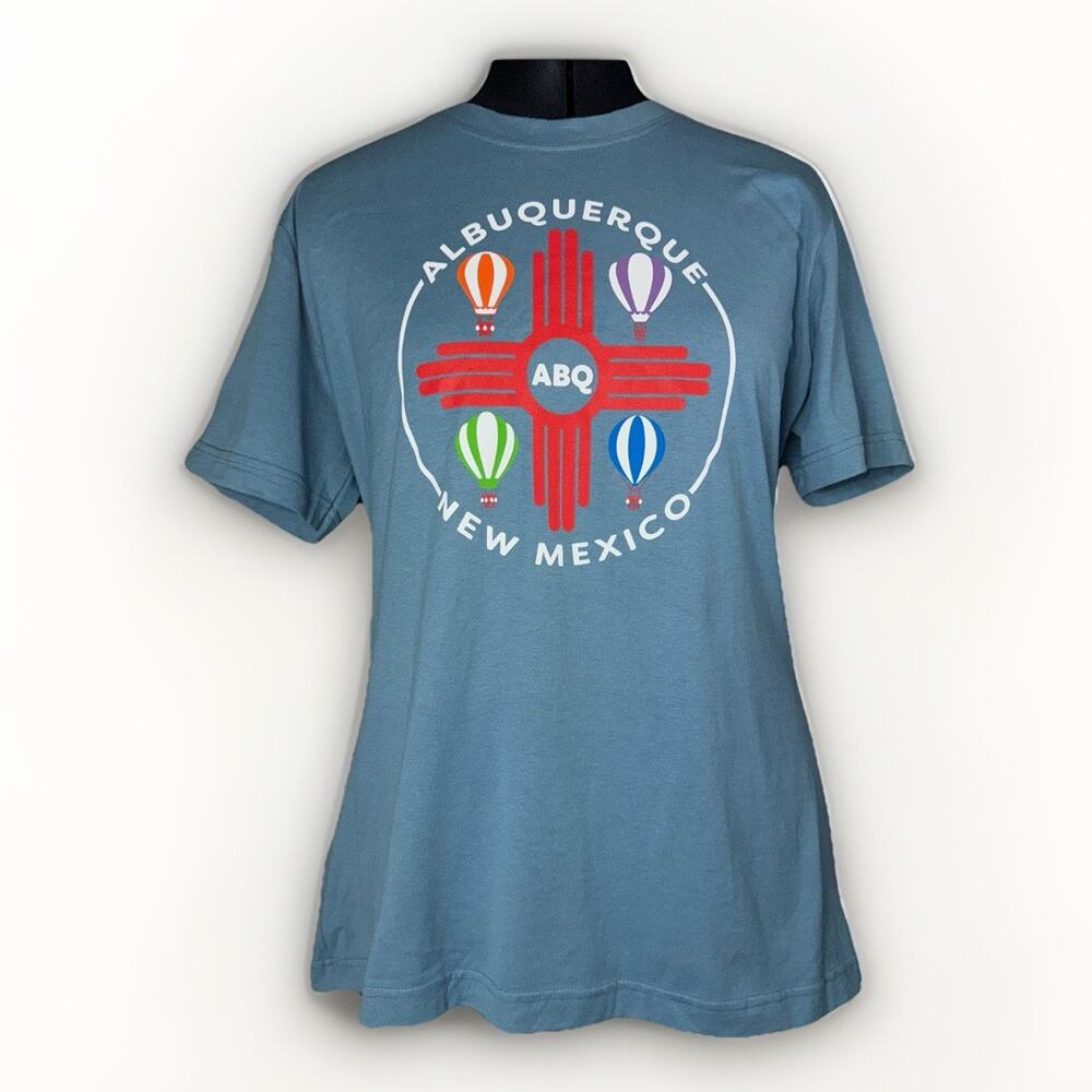 Albuquerque New Mexico Large T-shirt Hot Air Balloon Blue Geometric Aztec Native